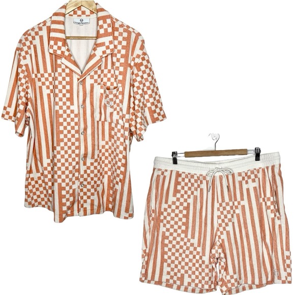 Sergio Tacchini Piastrella Terry Cabana Shirt Shorts Set Mens 2XL Lounge Orange - Picture 1 of 8
